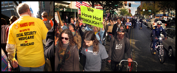 Marchers head across Market Street toward City Hall accompanied by PPD Strike Force